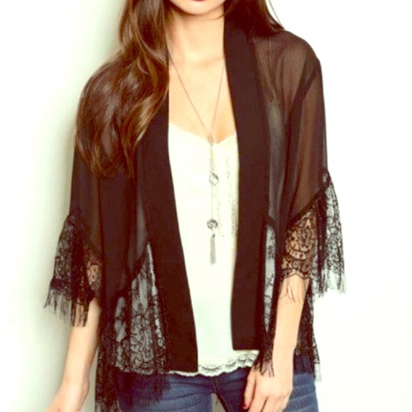 WILA Tops - Sheer Black Lace-Trim Kimono Top - Women